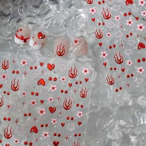 3D metallic red flame and heart nail art stickers set with trendy floral patterns