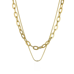 Detail of gold double-layered necklace with thick cable chain and engraved tag pendant