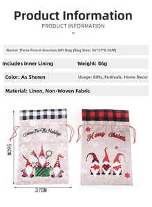 Detailed specs of Santa Claus gnome gift bags made of burlap and non-woven fabric