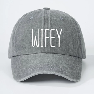 Minimalist grey washed cotton baseball cap with white WIFEY embroidery for women