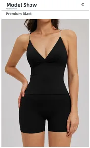 Detail of high-stretch matte black yoga set featuring V-neck sports bra and high-waisted shorts
