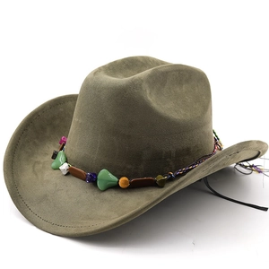 Olive green suede cowboy hat with ethnic turquoise beaded band and curled brim