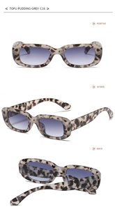 Three-angle view of leopard print cat eye sunglasses with purple gradient lenses