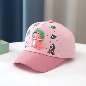 Pink kids baseball cap with a 3D silicone space dinosaur, rocket and planets