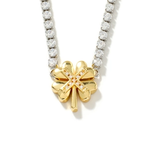 Elegant gold four-leaf clover necklace with sparkling zircon tennis chain and cross pendant