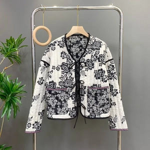 Quilted Floral Jacket Vintage Black White Cotton Padded Short Coat Tie Front Long Sleeve Ethnic Print Women Outwear
