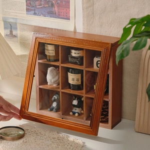 Vintage 9-grid wooden storage box with glass lid for jewelry and desk organization