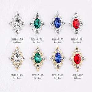 Rhombus 9x14mm luxury 3D nail art jewelry with blue oval gemstones and crystal accents