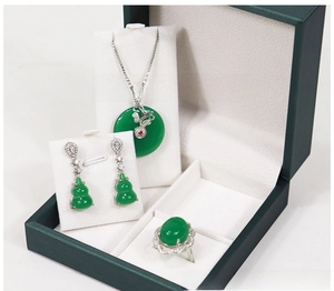 Detail view of emerald green jewelry set in a premium dark green velvet gift box