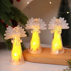 Three crystal acrylic LED angel figurines with warm light for Christmas tabletop decoration