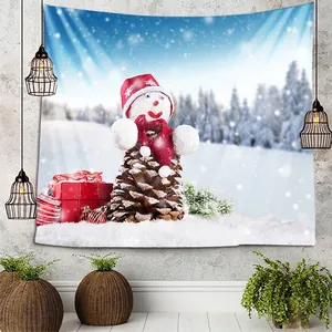 Christmas wall tapestry featuring snowman with pine cones and festive forest background