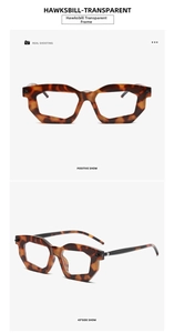 Detail view of tortoiseshell geometric glasses with transparent lenses and retro frame