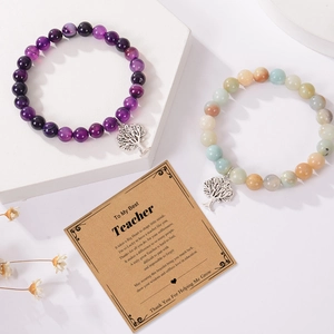 Bracelet en agate naturelle avec pendentif Arbre de Vie et carte cadeau enseignant