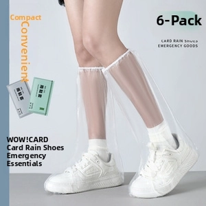 Detail of 6-pack disposable card-style rain shoe covers with elastic drawstring closure