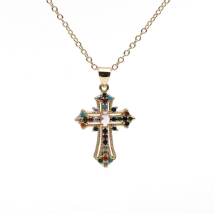 Gold plated cross necklace with multicolored gemstones and small pink center stone