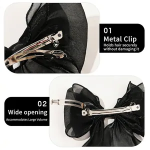 Elegant black mesh bow hair clip with large opening metal spring fastener for women