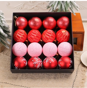 Macro shot of 16-piece painted Christmas ball ornament set in a gift box with festive decor