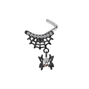 L-shaped nose stud featuring a black spider web and crystal spider dangle charm