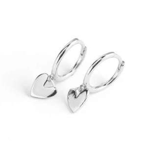 Elegant S925 silver hoop earrings with dangling heart pendants on a clean white background