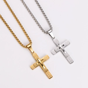 Retro stainless steel triple cross pendants on box chains in gold and silver finish