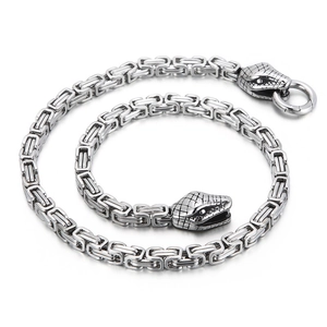 Collier chaîne byzantine pour homme avec doubles fermoirs tête de serpent en argent vieilli