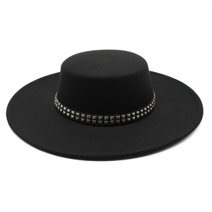 Boater Hat Flat Top Wide Brim Double Row Square Metal Rivet Band Punk Fashion Felt For Women