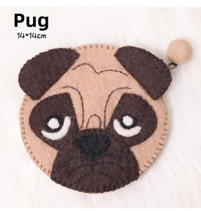 Detail of 14x14cm handmade felt puppy coin purse with zipper and plush ball charm