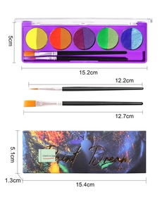 Detailed size specifications for 5-color neon UV face and body paint kit with brushes