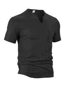 Detail of black V-neck men's t-shirt showing waffle texture fabric and chest pocket