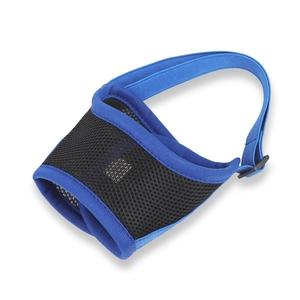 Breathable blue and black mesh dog muzzle with adjustable strap on white background