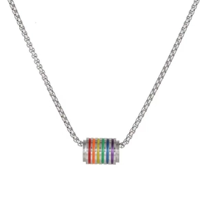 Detail of silver box chain with rainbow enamel cylindrical pendant for LGBTQ+ pride