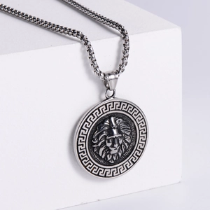 Vintage steel lion head medallion necklace with Greek key border and thick chain