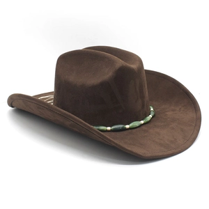 Detail of dark brown faux suede cowboy hat featuring ethnic beaded hatband and curved brim