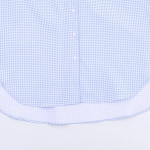 Women's V-neck long sleeve plaid shirt with blue and white check pattern and curved hem