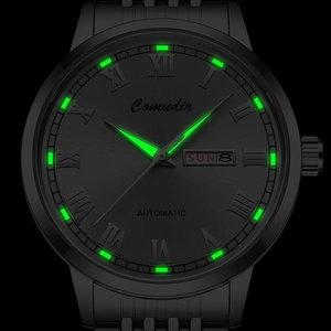 Comudir men's black stainless steel automatic watch with luminous Roman numerals