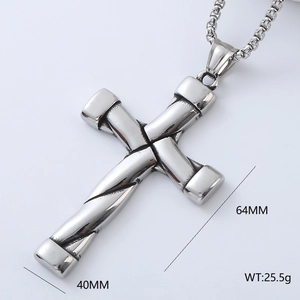 Detailed view of industrial silver cross pendant with twisted metal texture and dimensions