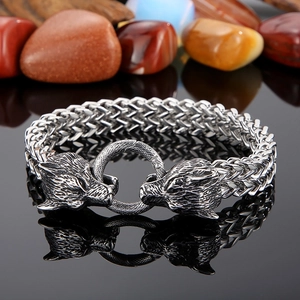 Close-up of silver stainless steel wolf head bracelet with vintage viking style details