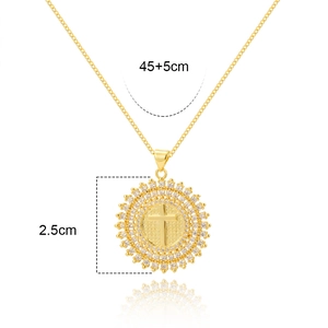 Detail view of 18K gold plated cross pendant necklace with zirconia halo and dimensions