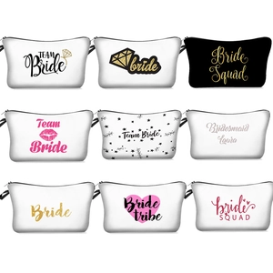 Nine diverse bridal party makeup bags with gold glitter text and heart patterns