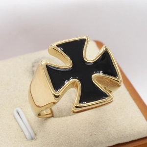 Gothic gold stainless steel cross ring with black enamel inlay for men punk style
