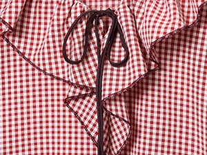 Detail of red and white gingham blouse with ruffled collar and dark purple drawstring