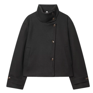 Manteau court pour femme en laine noire à col montant et boutons latéraux en écaille