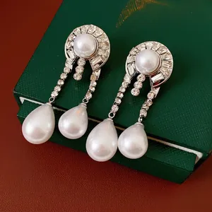 Vintage Luxury Tassel Dangle Earrings Alloy Rhinestone Water Drop Imitation Artificial Pearl Silver Earring Post Elegant Jewelry