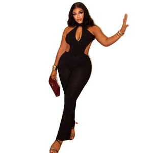 Sleek black halter neck jumpsuit with cutout design and backless slim fit silhouette