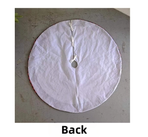 Reverse side view of circular Christmas tree skirt with classic red black plaid border