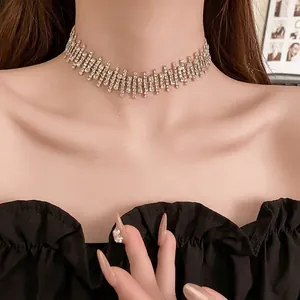 Rhinestone Fringe Choker Necklace Copper Irregular Multi Row Tassel Silver Tone Statement Wedding Party Jewelry For Women