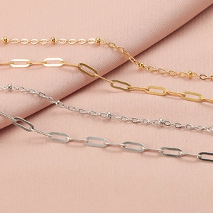 Double Layer Bracelet 304 Stainless Steel 18K Gold Plated Paperclip And Bead Chain Minimalist Fashion Jewelry For Women