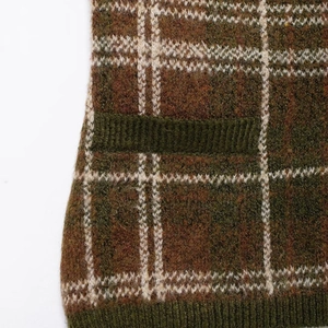 British style brown and green plaid knit vest with decorative pocket and ribbed hem