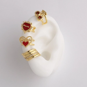 Mama Heart Cherry Ear Cuffs For Women Non Pierced 18k Gold Plated Brass With Zircon Enamel Fashion Jewelry