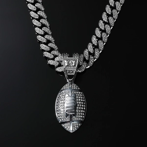 Silver iced out American football pendant necklace with rhinestones and cuban chain